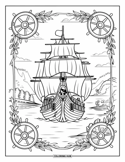 Piratenschiff-Ausmalbild für Erwachsene: Piratenschiff mit Piraten an Bord segelt an Bäumen und Bergen vorbei, umrahmt von Blumenranken