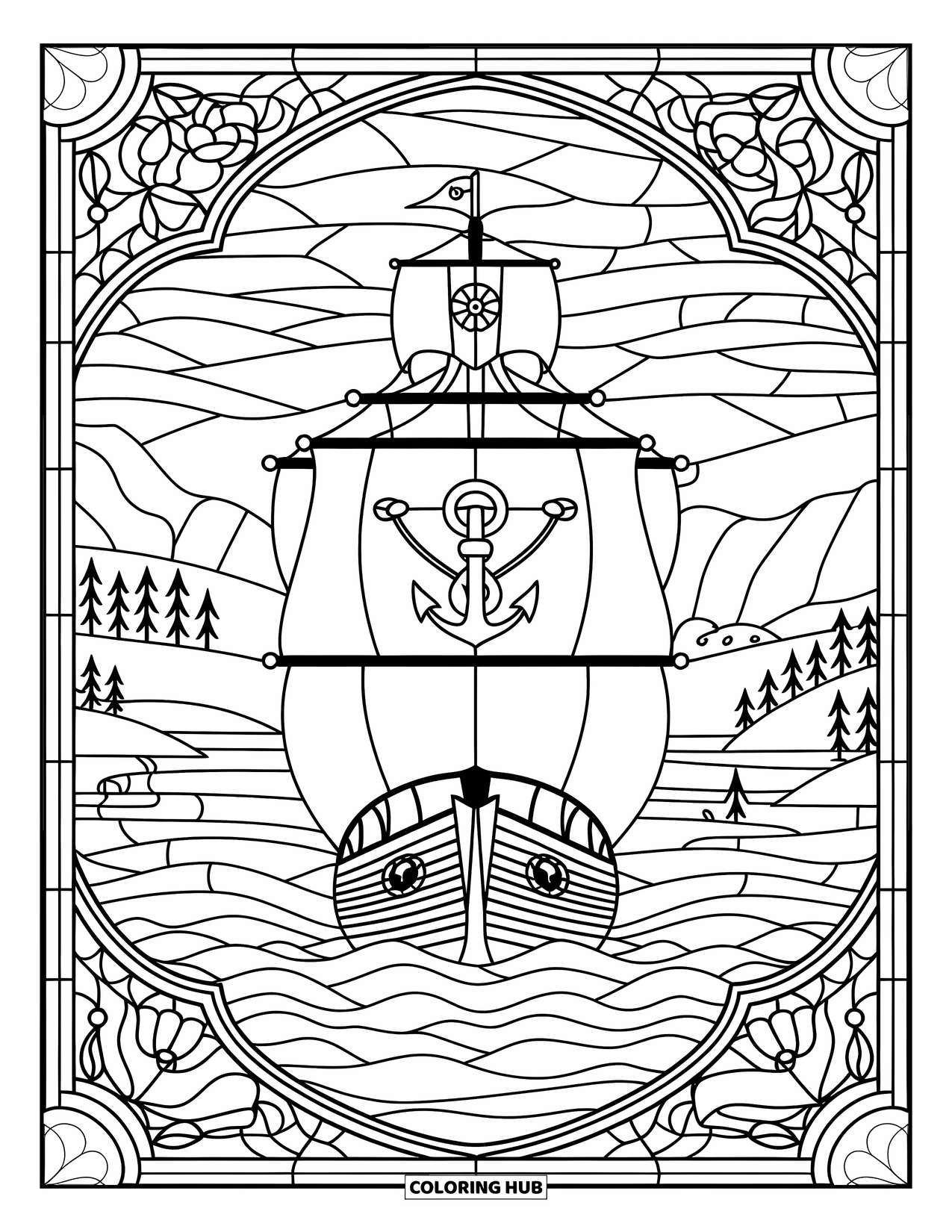 Pirate Ship Coloring Page for Adults: A vintage pirate ship is enclosed in stained glass with anchors, sea flowers, and mountains