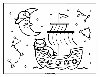 Piratenschiff-Ausmalbild für Erwachsene: Halbmond mit Schlafmütze leuchtet über einem Piratenschiff und einer Katze, die die Sterne beobachtet