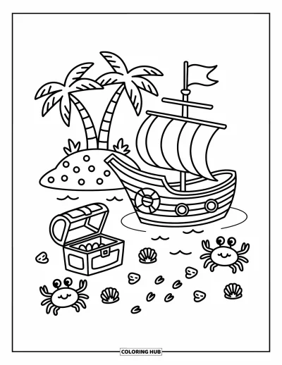 Piratenschiff-Ausmalbild für Erwachsene: Fußabdrücke führen vom Piratenschiff zu einem Schatz auf einer Insel mit süßen Muscheln