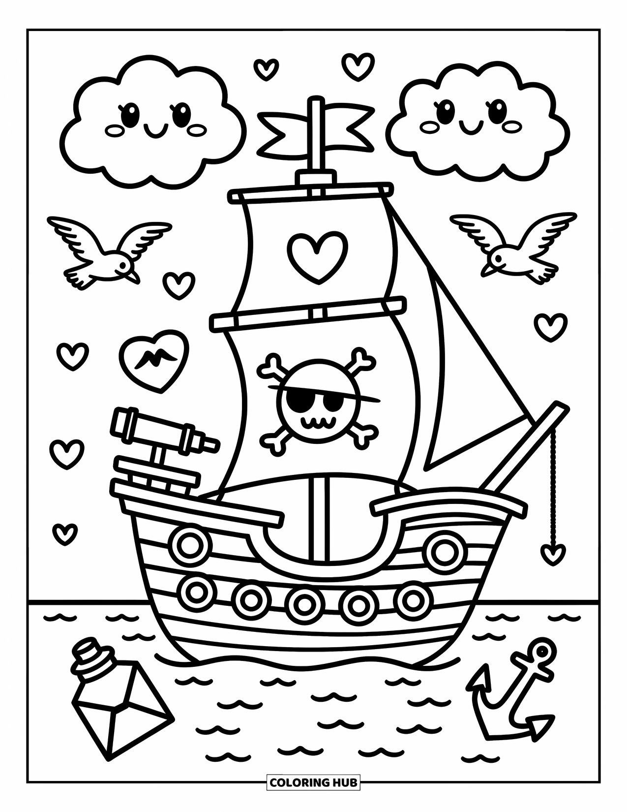 Pirate Ship Coloring Page for Adults: Hearts and stars on sails as seagulls fly and bottles bob beside the ship