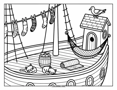 Piratenschiff-Ausmalbild für Erwachsene: Piratenschiffdeck mit flatternder Wäsche, dösendem Kätzchen und einer neugierigen Möwe