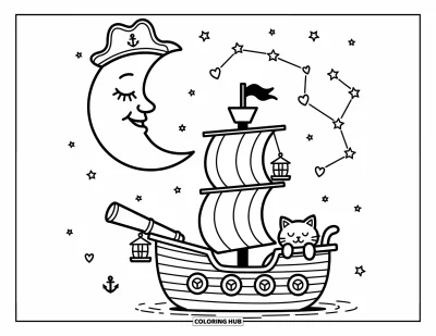 Piratenschiff-Ausmalbild für Erwachsene: Piratenschiff treibt unter mondbeglänztem Himmel mit schlafender Katze und Sternguck-Teleskop