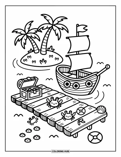 Piratenschiff-Ausmalbild für Erwachsene: Piratenschiff ruht bei einer Insel mit fröhlichen Krabben und einer strahlenden Schatztruhe