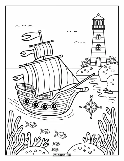 Piratenschiff-Ausmalbild für Erwachsene: Piratenschiff segelt am Leuchtturm vorbei mit lächelnden Fischen und Korallen unter den Wellen