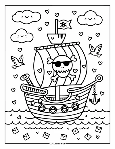 Piratenschiff-Ausmalbild für Erwachsene: Runde Segel mit Sternen gleiten durch lächelnde Wolken und treibende Flaschenpost