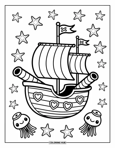 Piratenschiff-Ausmalbild für Erwachsene: Seesterne schwenken Flaggen, während Quallen mit Hüten ein gemütliches Piratenschiff umringen