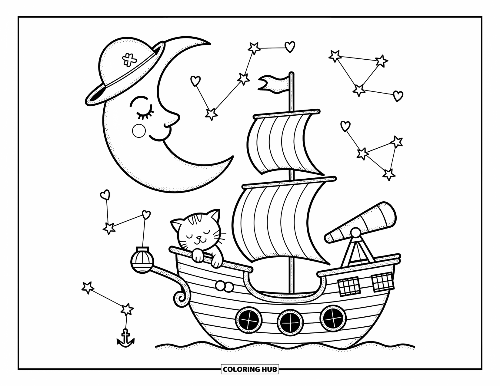 Pirate Ship Coloring Page for Adults: Sleepy cat on deck as pirate ship sails under constellations shaped like hearts and anchors