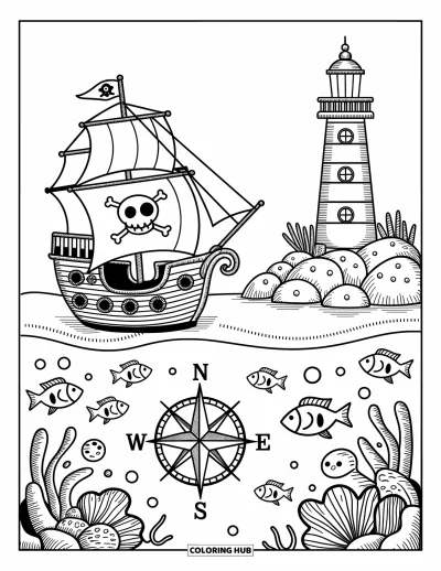 Piratenschiff-Ausmalbild für Erwachsene: Lächelnde Fische, Korallen und ein gestreifter Leuchtturm empfangen ein segelndes Piratenschiff