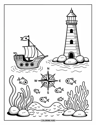 Piratenschiff-Ausmalbild für Erwachsene: Winziges Schiff und gestreifter Leuchtturm treiben nahe verspielten Meerestieren und einer Kompassrose