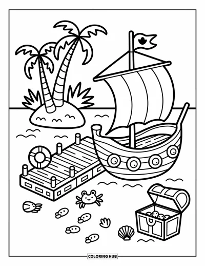 Piratenschiff-Ausmalbild für Erwachsene: Kleine Schatztruhe und Palmen bereichern ein Piratenschiff, das neben einer einladenden Insel liegt