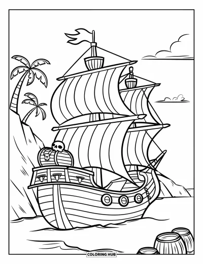 Piratenschiff-Ausmalbild für Kinder: Verankertes Piratenschiff mit Fässern und Totenkopftruhe neben Palmen