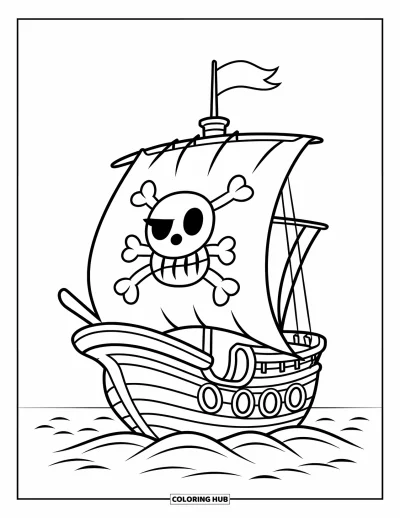 Piratenschiff-Ausmalbild für Kinder: Niedliches Piratenschiff mit großem Segel und fröhlicher Flagge schaukelt auf kleinen Wellen