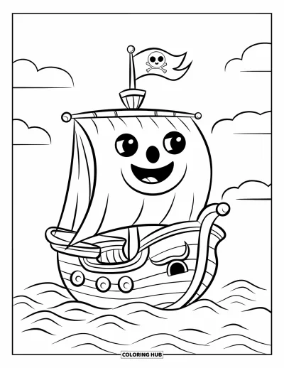 Piratenschiff-Ausmalbild für Kinder: Niedliches Schiff mit lachendem Segel schwimmt in klarem Wasser unter sanften Wolken