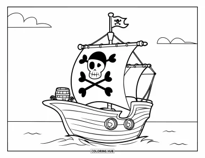 Piratenschiff-Ausmalbild für Kinder: Kleines Schiff mit Krabben und Laufplanke segelt durch ruhiges Wasser