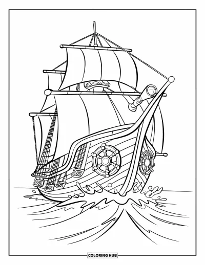 Piratenschiff-Ausmalbild für Kinder: Verziertes Piratenschiff mit Fernrohr schaukelt auf Meereswellen