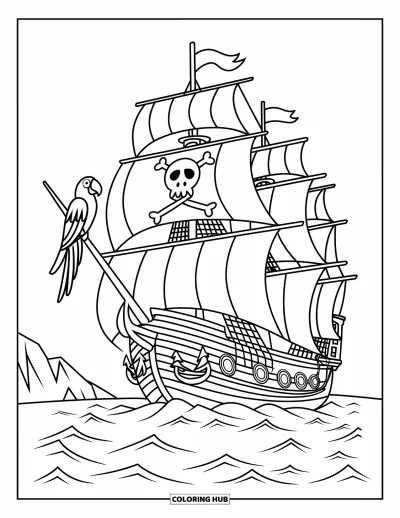 Piratenschiff-Ausmalbild für Kinder: Papagei auf dem Mast beobachtet die Wellen, die um das Schiff brechen