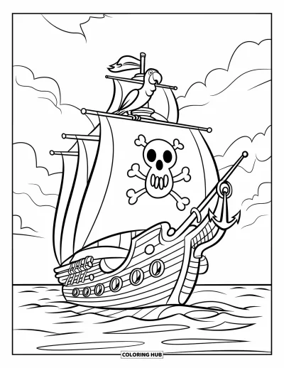 Piratenschiff-Ausmalbild für Kinder: Papagei sitzt auf dem Mast, während der Anker ins ruhige Wasser taucht