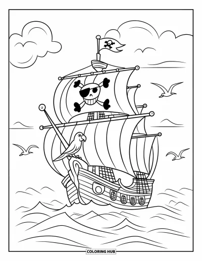 Piratenschiff-Ausmalbild für Kinder: Papagei reitet am Mast, während der Anker ins aufgewühlte Meer taucht