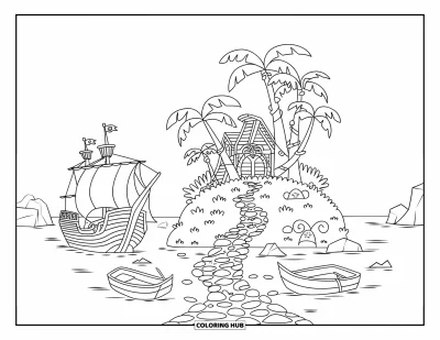 Piratenschiff-Ausmalbild für Kinder: Piratenschiff ankert bei einer Dschungelinsel mit geheimem Pfad