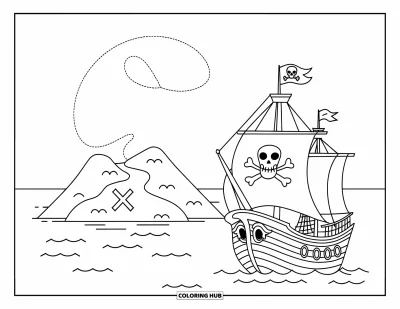 Piratenschiff-Ausmalbild für Kinder: Piratenschiff und ein “X”-Zeichen auf der Insel sind durch einen Kartenweg verbunden