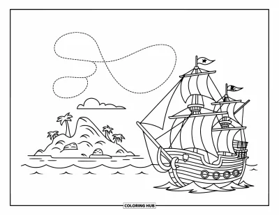 Piratenschiff-Ausmalbild für Kinder: Piratenschiff und Schatzinsel liegen unter einer schwebenden Schatzkarte mit Punkten