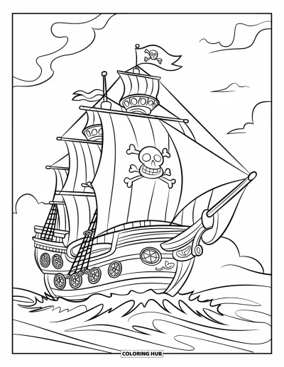 Piratenschiff-Ausmalbild für Kinder: Piratenschiff kämpft gegen raue Wellen unter bewölktem Himmel