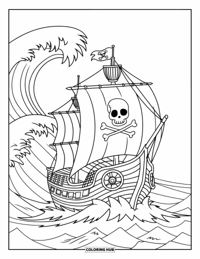 Piratenschiff-Ausmalbild für Kinder: Piratenschiff trotzt unruhigen Gewässern mit wehender Totenkopfflagge