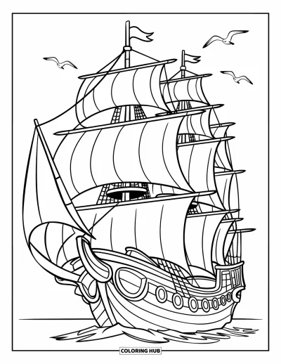 Piratenschiff-Ausmalbild für Kinder: Piratenschiff gleitet in die Ferne, Vögel ziehen am Himmel vorbei