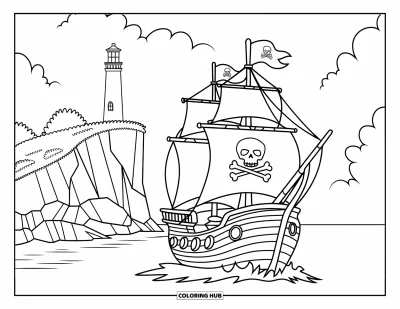Piratenschiff-Ausmalbild für Kinder: Piratenschiff gleitet an felsigen Klippen entlang, am Horizont ein Leuchtturm