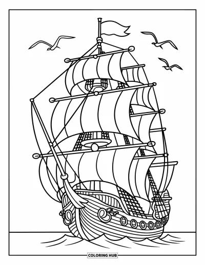 Piratenschiff-Ausmalbild für Kinder: Piratenschiff steuert den Horizont unter ruhigem Himmel an