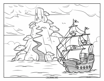 Piratenschiff-Ausmalbild für Kinder: Piratenschiff nahe einer üppigen Insel mit verstecktem Pfad und stürmischem Himmel
