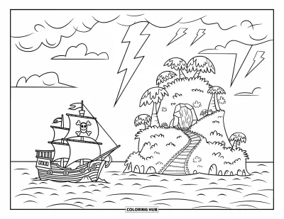 Piratenschiff-Ausmalbild für Kinder: Piratenschiff ruht nahe einer Schatzinsel und einer verborgenen Höhle
