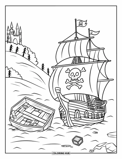 Piratenschiff-Ausmalbild für Kinder: Piratenschiff segelt neben einem Wrack und treibenden Kisten