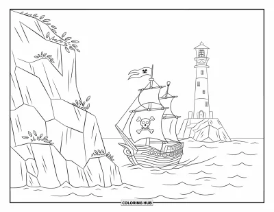 Piratenschiff-Ausmalbild für Kinder: Piratenschiff segelt an Klippen und einem fernen Leuchtturm vorbei