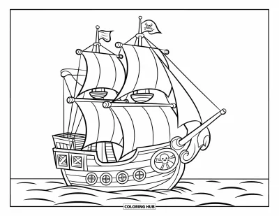 Piratenschiff-Ausmalbild für Kinder: Piratenschiff segelt mit drei Segeln und einem breiten Steuerrad