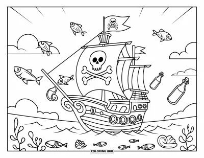 Piratenschiff-Ausmalbild für Kinder: Piratenschiff umgeben von springenden Fischen und treibenden Flaschen