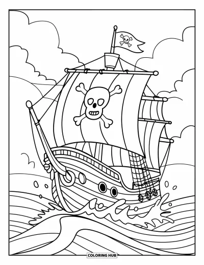 Piratenschiff-Ausmalbild für Kinder: Piratenschiff mit Fernrohr reitet auf stürmischen Wellen unter bewölktem Himmel