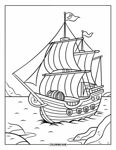Piratenschiff-Ausmalbild für Kinder: Piratenschiff mit gestreiften Segeln, Fässern und Schatz treibt auf ruhiger See