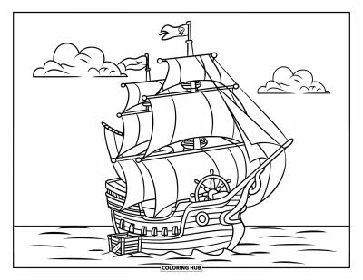 Piratenschiff-Ausmalbild für Kinder: Piratenschiff mit drei Segeln gleitet neben einer kleinen Kiste