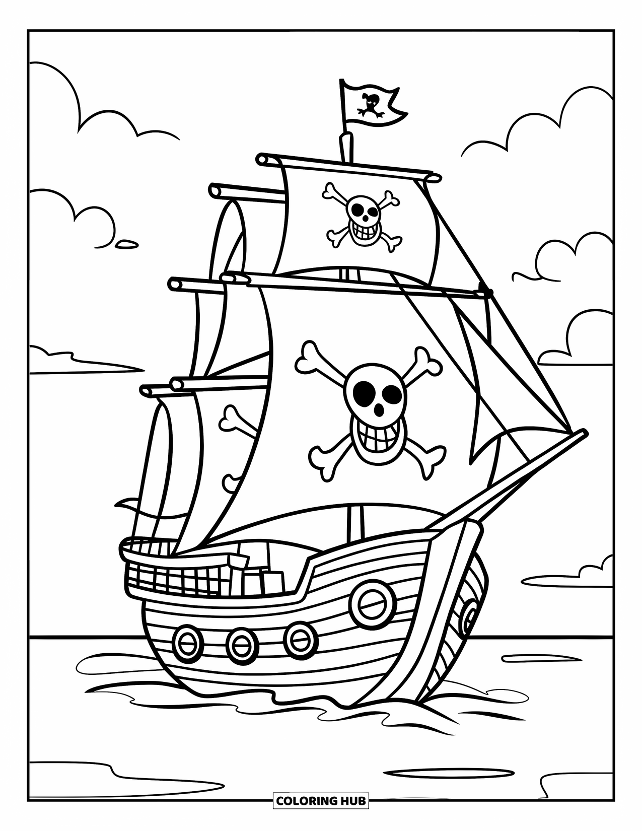 Pirate Ship Coloring Page for Kids: Pirate ship with three windows and a little anchor floats peacefully