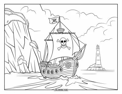 Piratenschiff-Ausmalbild für Kinder: Bärtiger Pirat segelt an Klippen und einem hohen Leuchtturm vorbei