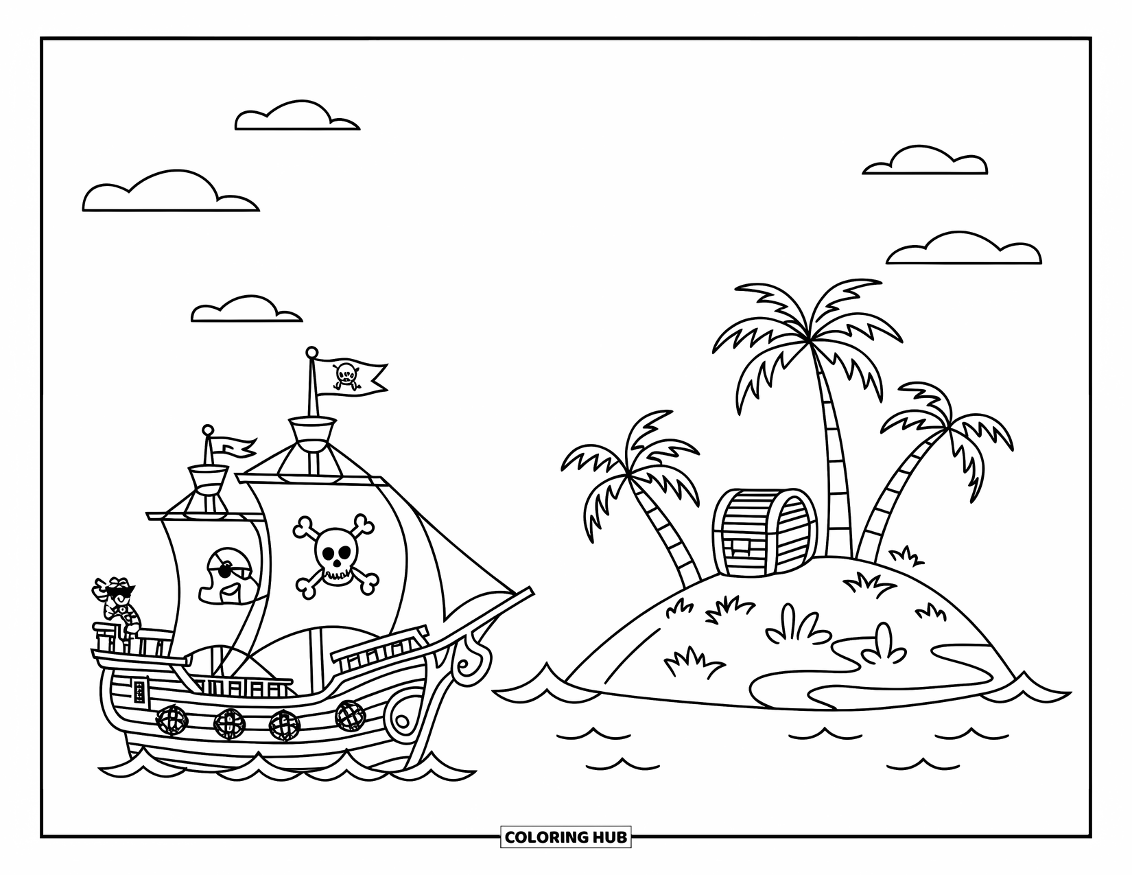 Pirate Ship Coloring Page for Kids: Pirates on a ship wave near a dotted path to island treasure