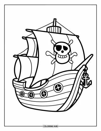 Piratenschiff-Ausmalbild für Kinder: Verspieltes Schiff mit Fenstern und kleinem Anker auf ruhiger See