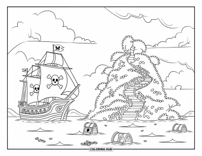 Piratenschiff-Ausmalbild für Kinder: Schiff und Ruderboote treiben nahe einer Schatzinsel voller Ranken und Gold