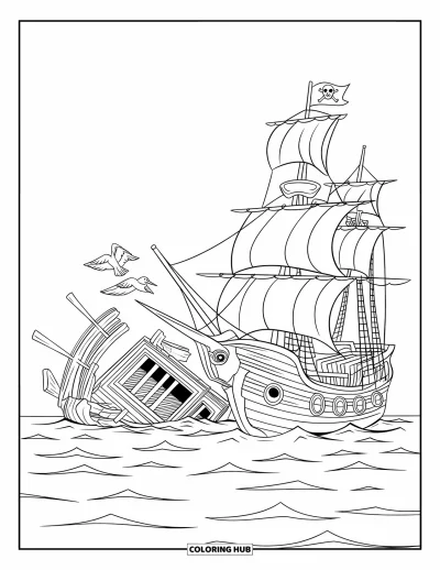 Piratenschiff-Ausmalbild für Kinder: Schiff und gestrandetes Boot treiben bei Vögeln und stillem Wasser