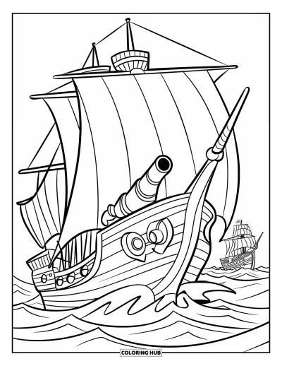 Piratenschiff-Ausmalbild für Kinder: Schiff im Kampfmodus mit Kanonen und aufgewühltem Ozean