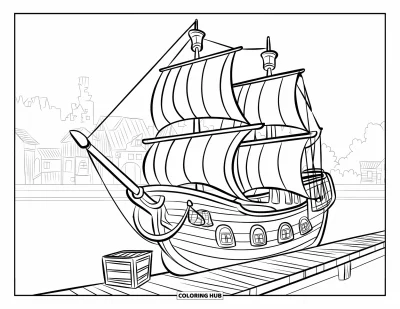Piratenschiff-Ausmalbild für Kinder: Schiff liegt in der Nähe einer kleinen Stadt mit roten Dächern vor Anker