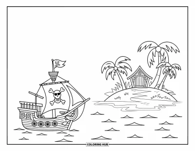 Piratenschiff-Ausmalbild für Kinder: Schiff nahe einer Schatzinsel mit Palmen und gepunktetem Pfad darüber