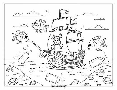 Piratenschiff-Ausmalbild für Kinder: Schiff passiert verspielte Fische, Muscheln und treibende Flaschenpost